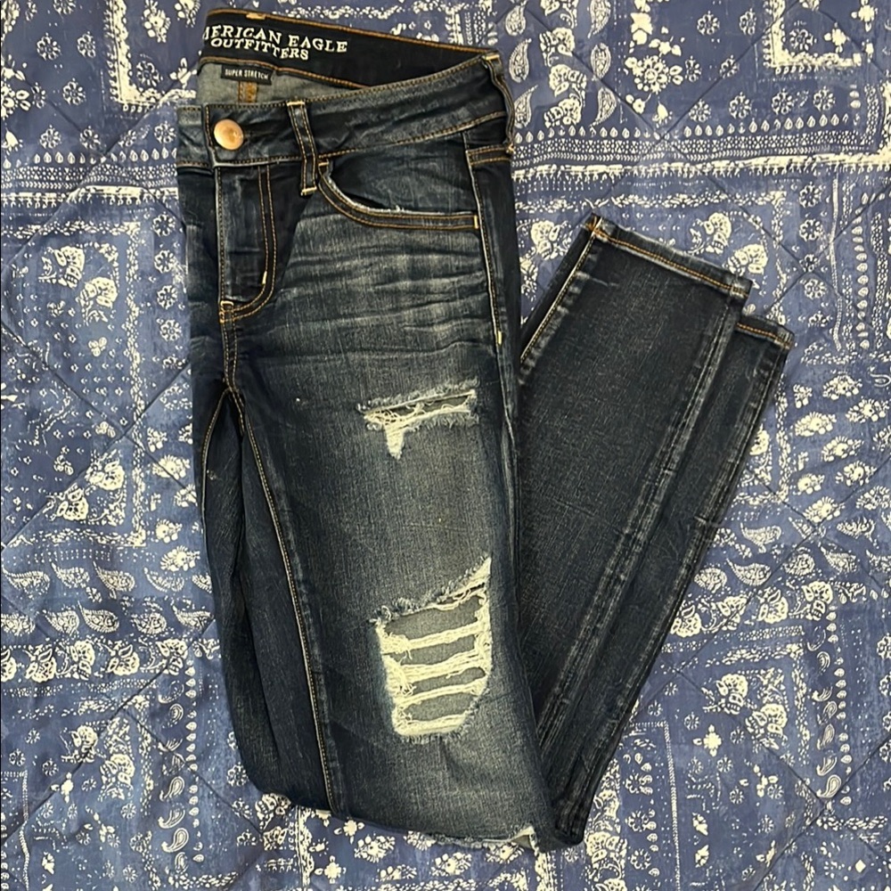 American Eagle Outfitters Blue Skinny Jeans with Distressed Details